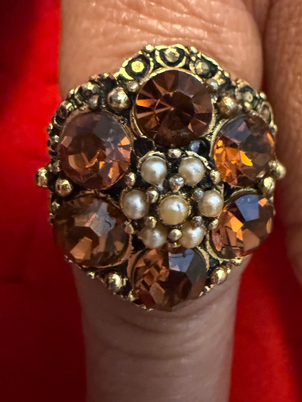 Vintage Goldtone Filigreed Brown Crystal Cluster Ring